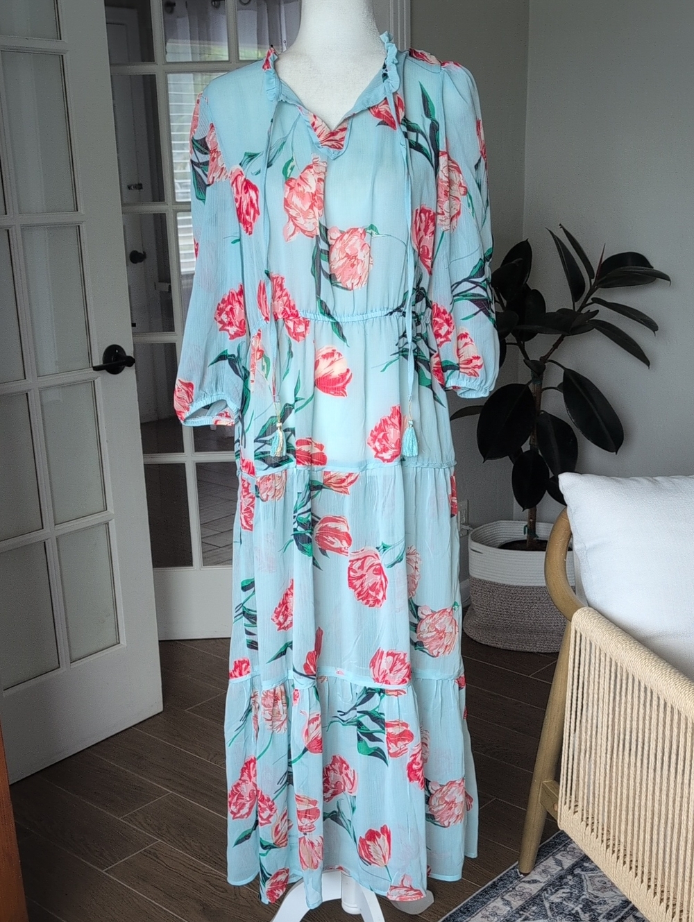 NWT Tinsel Pale Blue Floral Ruffled Sheer Tiered Dress Petite Large